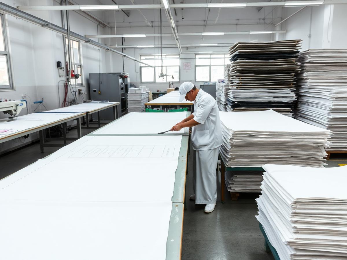 Layered fabric being cut on a cutting table