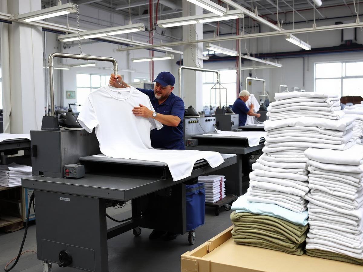 Steam pressing garments on an industrial ironing table